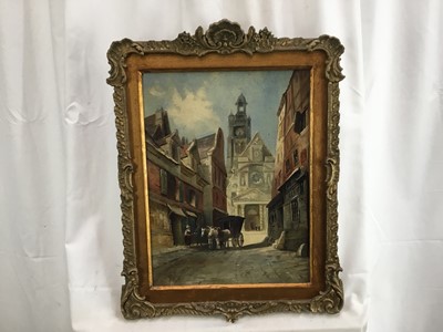 Lot 183 - After Samuel Prout, two late 19th century oils on canvas - Townscapes, 32cm x 22cm and 40cm x 30cm, in gilt frames