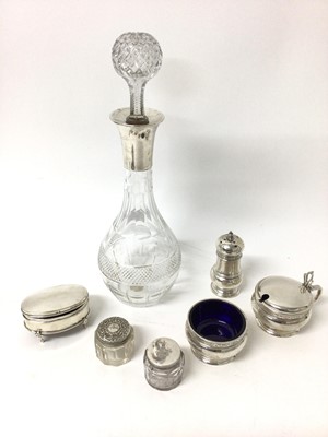 Lot 229 - Silver condiments and pots, silver jewel box and cut glass and silver mounted decanter and stopper (7)