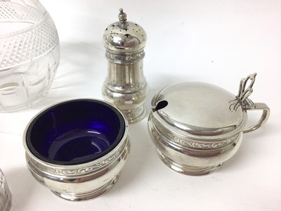 Lot 229 - Silver condiments and pots, silver jewel box and cut glass and silver mounted decanter and stopper (7)