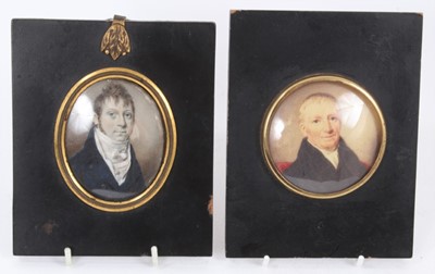 Lot 767 - English School early 19th century watercolour miniature on ivory, portrait of a gentleman with white cravat, and a later printed miniature