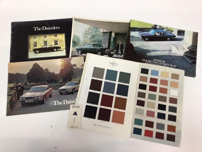 Lot 1969 - Vintage Daimler lapel pin on original card backing, together with a collection of mainly 1970's Daimler sales brochures.