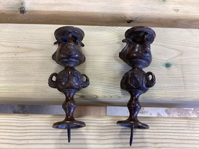 Lot 2486 - Chinese bronze censer, together with a Chinese bronze figure, a pair of Tibetan foo dog candlesticks and a pair of Japanese bronze pricket candlesticks (9)