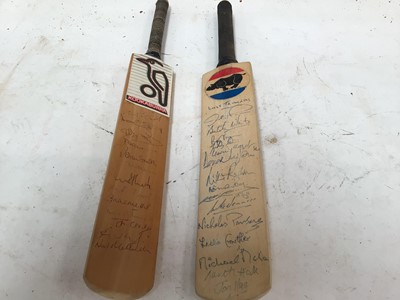 Lot 2487 - Lord's Taverners autographed miniature cricket bat, including Nicholas Parsons, John Snow, Leslie Crowther, Jon Iles, etc, together with another (2)