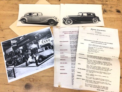 Lot 1954 - Interesting 1930s Mann Egerton & Co Ltd estimate and specification for a specially designed 4 - door sports saloon body on a 3 1/2 litre Bentley, together with two original and one reproduction ph...