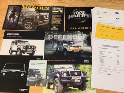 Lot 1950 - Collection of Land Rover Defender 2007 dealership product directory, Defender Black limited edition brochure, two Defender Tomb Raider limited edition brochures, Defender silver limited edition bro...