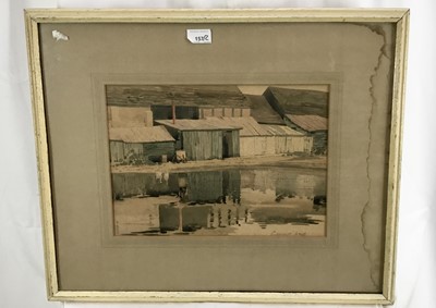 Lot 157 - Barns near Malvern, watercolour by Leonard Ward, together with a watercolour of the harbour walls at Tenby (2)