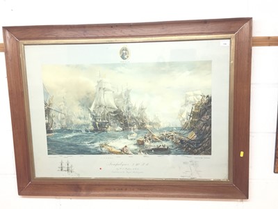 Lot 758 - W. L. Wyllie, "Trafalgar 2.30 pm", print depicting the famous naval battle with key of the ships involved to the mount, in glazed frame captioned 'original oak of the Foundoyant', with Parker Galle...