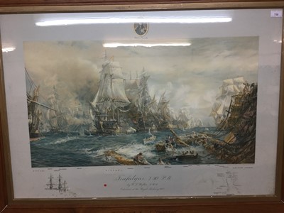 Lot 758 - W. L. Wyllie, "Trafalgar 2.30 pm", print depicting the famous naval battle with key of the ships involved to the mount, in glazed frame captioned 'original oak of the Foundoyant', with Parker Galle...