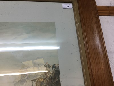 Lot 758 - W. L. Wyllie, "Trafalgar 2.30 pm", print depicting the famous naval battle with key of the ships involved to the mount, in glazed frame captioned 'original oak of the Foundoyant', with Parker Galle...