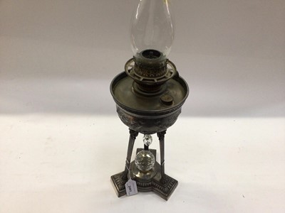 Lot 2491 - Belgian silver plated oil lamp, and another with cut glass reservoir (2)