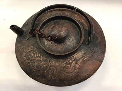 Lot 2495 - Group of Chinese, Japanese and other brasswares and metalwares, including a tripod censer with character marks, a scholar's tray, a Tetsubin, etc