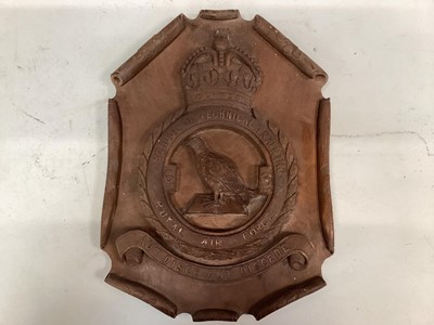 Lot 762 - Second World War carved wood RAF crest 'School of Technical Training Royal Air Force' signed and dated 1942 to reverse, 42 x 30cm