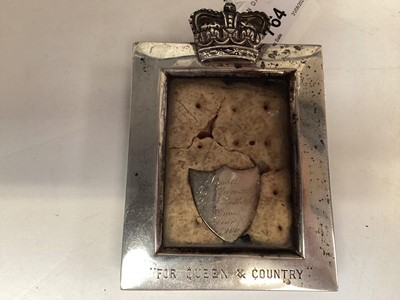 Lot 764 - Unusual Victorian silver frame engraved ''For Queen & County'' displaying a biscuit, with engraved silver shield 'Sussex Imp. Yeomanry, Sergt. Sadler's Xmas Dinner 1900' (London 1900), maker Willia...