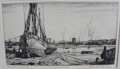 Lot 1002 - Leonard Russell Squirrell (1893-1979) signed etching - The Orwell at Ipswich, with dedication dated 1947, 13cm x 22cm, in glazed frame