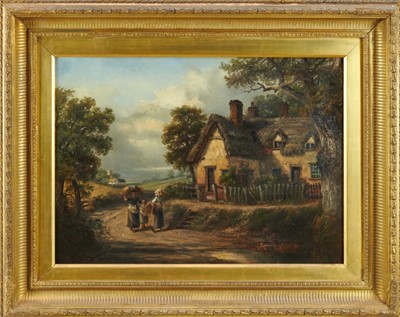 Lot 989 - Thomas Smythe oil on canvas, figures on a path outside a cottage.