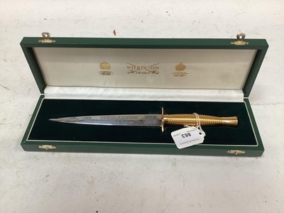 Lot 863 - Wilkinson Sword commemorative D-Day landings FS fighting knife with gold plated hilt, etched blade in fitted case