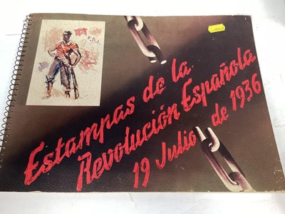 Lot 766 - Prints of the Spanish Revolution, 1936 ring bound book, together with a group of naval buttons in two tins.