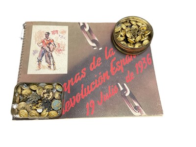 Lot 740 - Prints of the Spanish Revolution, 1936 ring bound book, together with a group of naval buttons in two tins.