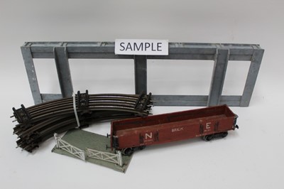 Lot 1871 - 'O' gauge railway selection three rail track, together with a large metal construction bridge, buffers and rolling stock (1 box)