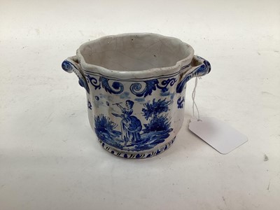 Lot 1311 - 19th century Dutch Delft twin-handled pot, painted with landscapes, 'AK' monogram to base