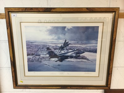 Lot 768 - Michael Rondot signed limited edition aviation print 'Jaguars over Kilduff' No. 68 / 500, signed by the artist, Air Chief Marshall Sir John Thompson KCB CBE AFC and Wing Commander D S Griggs AFC, m...