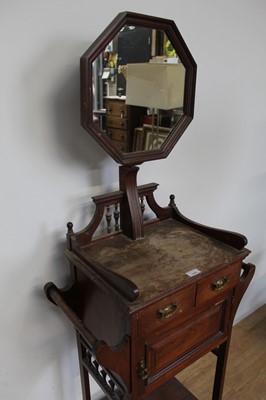 Lot 173 - Edwardian mahogany wash stand with raised mirror back, twin drawers above a cupboard and ledge below, 59cm wide x 33cm deep x 150cm high