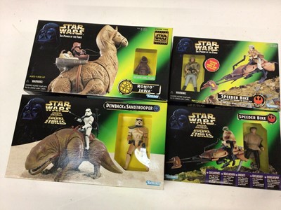 Lot 1833 - Star Wars selection of boxed figures including Yoda, Land Speeder, Speeder Bike, Dewbank & Sand Trooper, Bantha & Tusken Raider plus others (Qty)