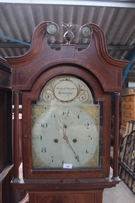 Lot 182 - Georgian 8 day long case clock by Hedge & Bannister of Colchester 
with painted dial in inlaid oak case