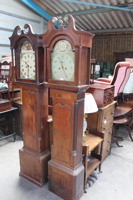 Lot 182 - Georgian 8 day long case clock by Hedge & Bannister of Colchester 
with painted dial in inlaid oak case