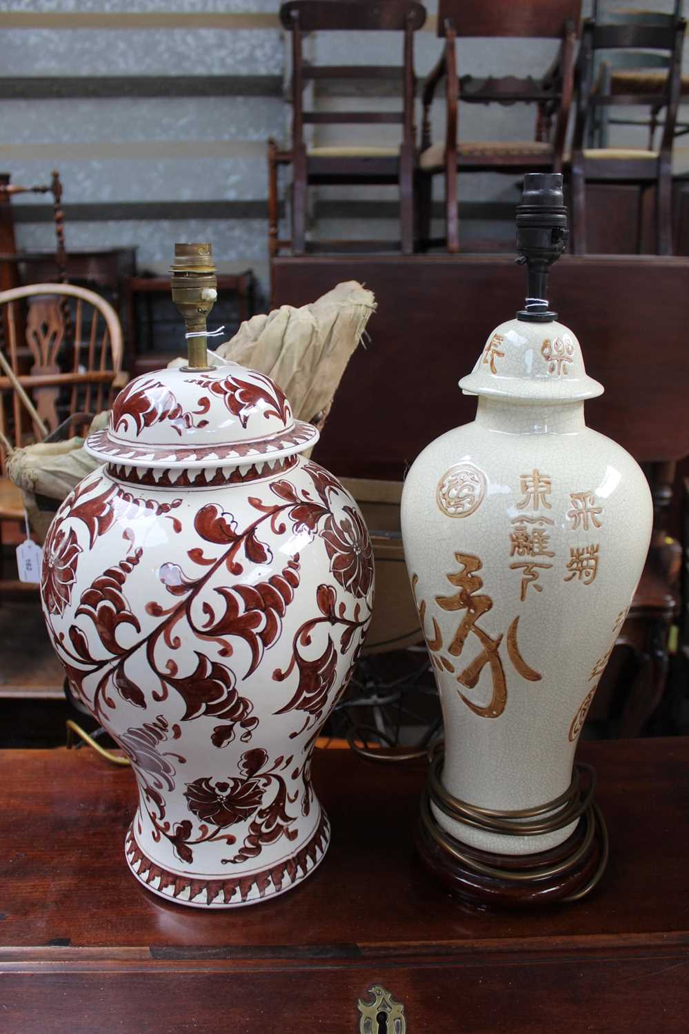 Lot 176 - Italian pottery baluster lamp, 47cm high, together with a Chinese-style pottery lamp (2)