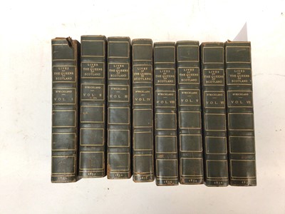 Lot 1782 - Agnes Strickland -  Lives of The Queens of Scotland, 1852 second edition, 8 volumes, Edinburgh: William Blackwood and Sons, half calf