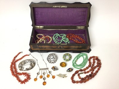 Lot 241 - Silver and amber modernist necklace, an AHD&S silver and enamel flower brooch, other silver and white metal, with bead necklaces and other items in a jewellery box