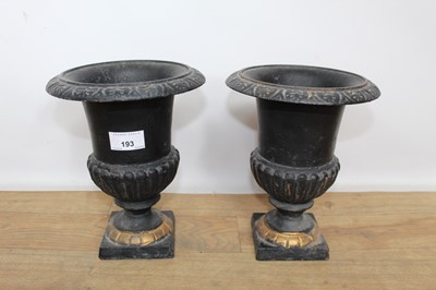 Lot 193 - Pair of Victorian-style black and gilt painted cast iron planters, 23cm high