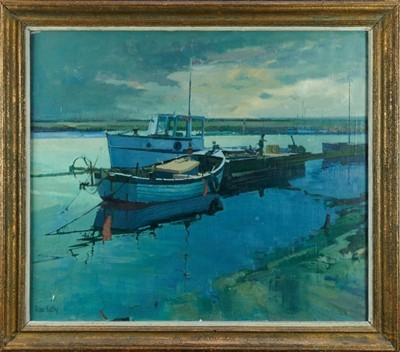 Lot 964 - *Peter Kelly (1931-2019) oil on board - Moored Boats, Walberswick, signed, 67cm x 78.5cm, in glazed gilt frame
