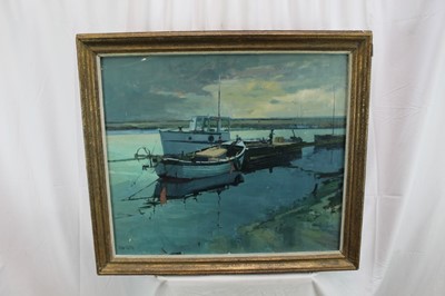Lot 118 - *Peter Kelly (1931-2019) oil on board - Moored Boats, Walberswick, signed, 67cm x 78.5cm, in glazed gilt frame