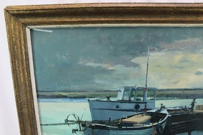 Lot 118 - *Peter Kelly (1931-2019) oil on board - Moored Boats, Walberswick, signed, 67cm x 78.5cm, in glazed gilt frame