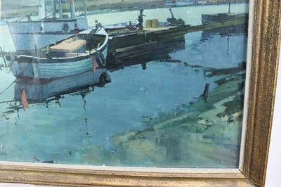 Lot 964 - *Peter Kelly (1931-2019) oil on board - Moored Boats, Walberswick, signed, 67cm x 78.5cm, in glazed gilt frame