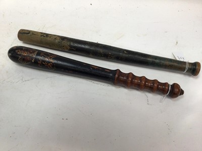 Lot 800 - Two 19th century painted Police truncheons, one decorated with a shield, 45cm the other with crowned VR cipher, 41 cm (2)