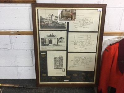 Lot 847 - Essex Interest- glazed frame with photographs and floor plan of the old Chelmsford Police Station, together with keys from it, 89 x 71cm