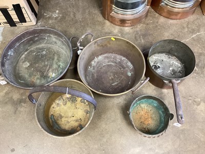 Lot 2522 - Victorian copper two handled preserve pan, together with two similar preserve pans, a copper sauce pan and one other copper item (5)