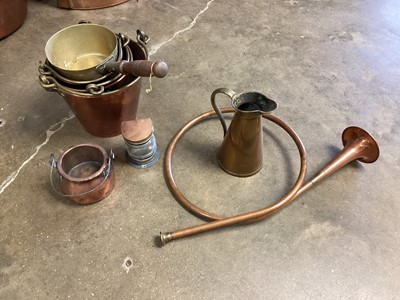 Lot 2523 - Graduated set of three copper buckets, together with a copper sauce pan and other copper items (1 box)