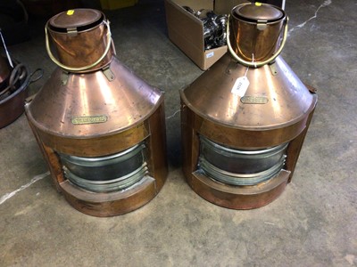 Lot 2526 - Near pair of large copper and brass ships mast head port and starboard lanterns, approximately 64cm in overall height.