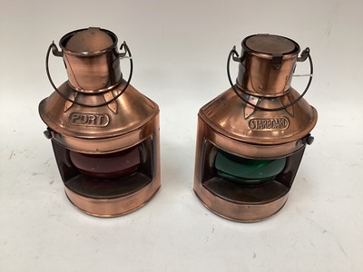 Lot 2527 - Pair of modern large copper ships mast head port and starboard lanterns, approximately 24.5cm in overall height.