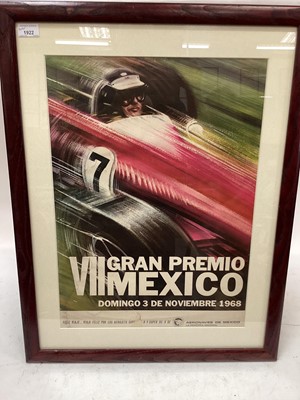 Lot 1922 - Original 1968 Mexico Formula One Grand Prix poster, Domingo 3 De Noviembre 1968, mounted in glazed frame, 76 x 59cm overall.