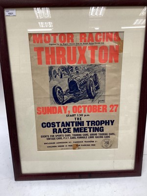 Lot 1921 - Original Motor Racing Thruxton poster, organised by the Bugatti Owners Club for British Racing Circuits Ltd, Sunday October 27th., mounted in glazed frame, 76 x 59cm overall.