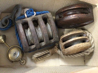 Lot 2538 - Group of three wooden ships blocks together with morse code tapper and record of morse code teaching.