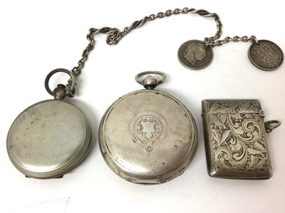 Lot 251 - Late Victorian silver open faced pocket watch by Waltham, (Birmingham 1900) together with a silver albert chain and a Victorian silver vesta case.