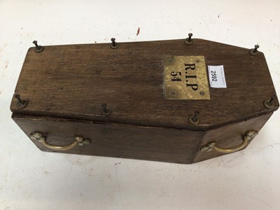 Lot 2592 - Unusual scratch built wooden model of a coffin with applied brass fittings and dummy inside, with interesting provenance note ''An elderly lady didn't want this in her house anymore. Her husband wa...