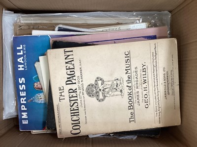 Lot 1698 - Morant - History and Antiquities of Colchester, 1748 1st edition, unrestored condition, full calf, together with a 1931 Colchester Oyster Feast Programme several later programmes and local ephemera