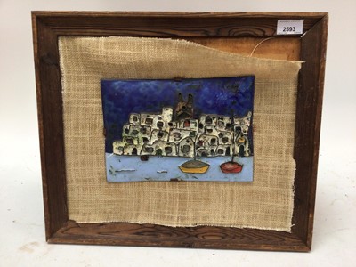 Lot 2593 - Continental enamel picture of a town above water, in pine frame, image 24 x 17cm